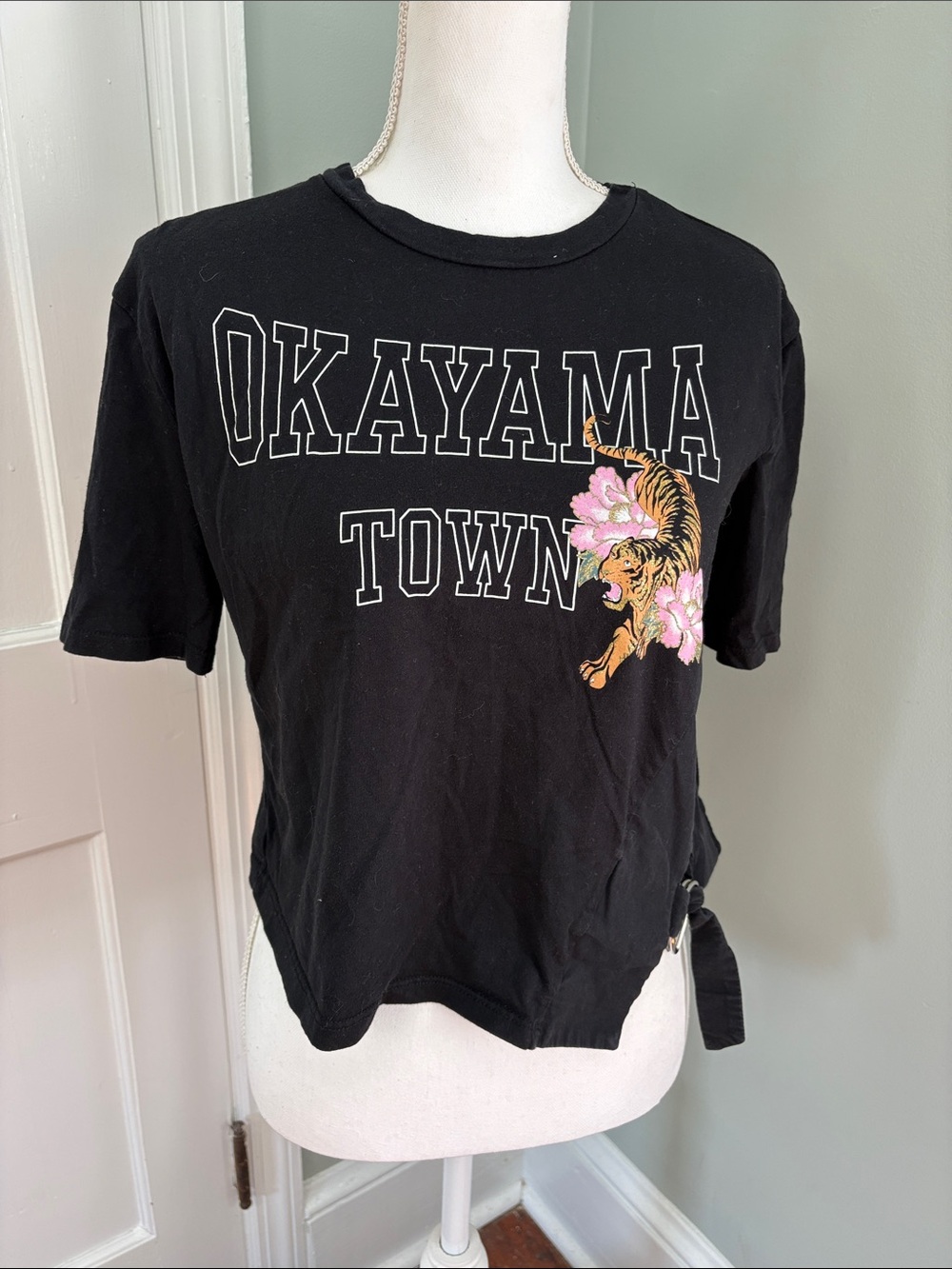 Zara Trafaluc Okayama Town Black Graphic Tee Tiger Pink Flowers Small